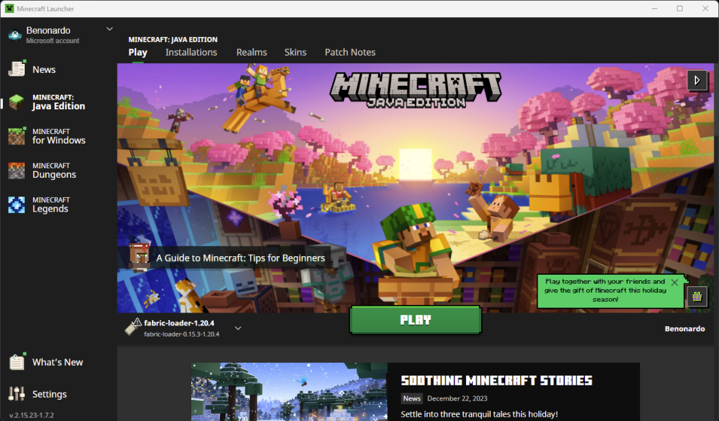 Trình Launcher Minecraft với hồ sơ Fabric được chọn.